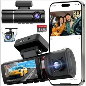 4K Black Dash Cam with WiFi and 64GB Memory Card